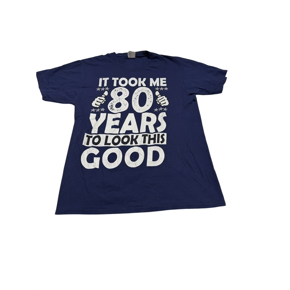 Port & Company 80th Birthday T-Shirt Navy Blue Graphic Tee Mens Medium 80 Years